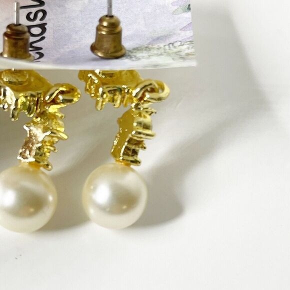 Vintage Avon Earrings Gold Tone Rhinestone Pearl Drop Sparkle Glam 80s 90s - Picture 7 of 16